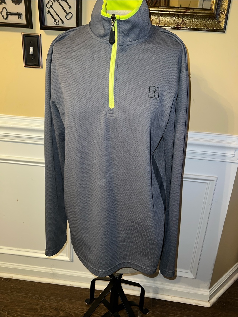 PGA Tour Gray Quarter-Zip Pullover with Neon Yellow Trim